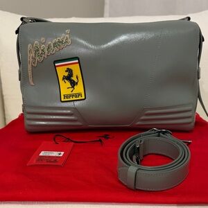 Ferrari Grey Leather Miami Handbag with Beaded Embroidery ( unisex )